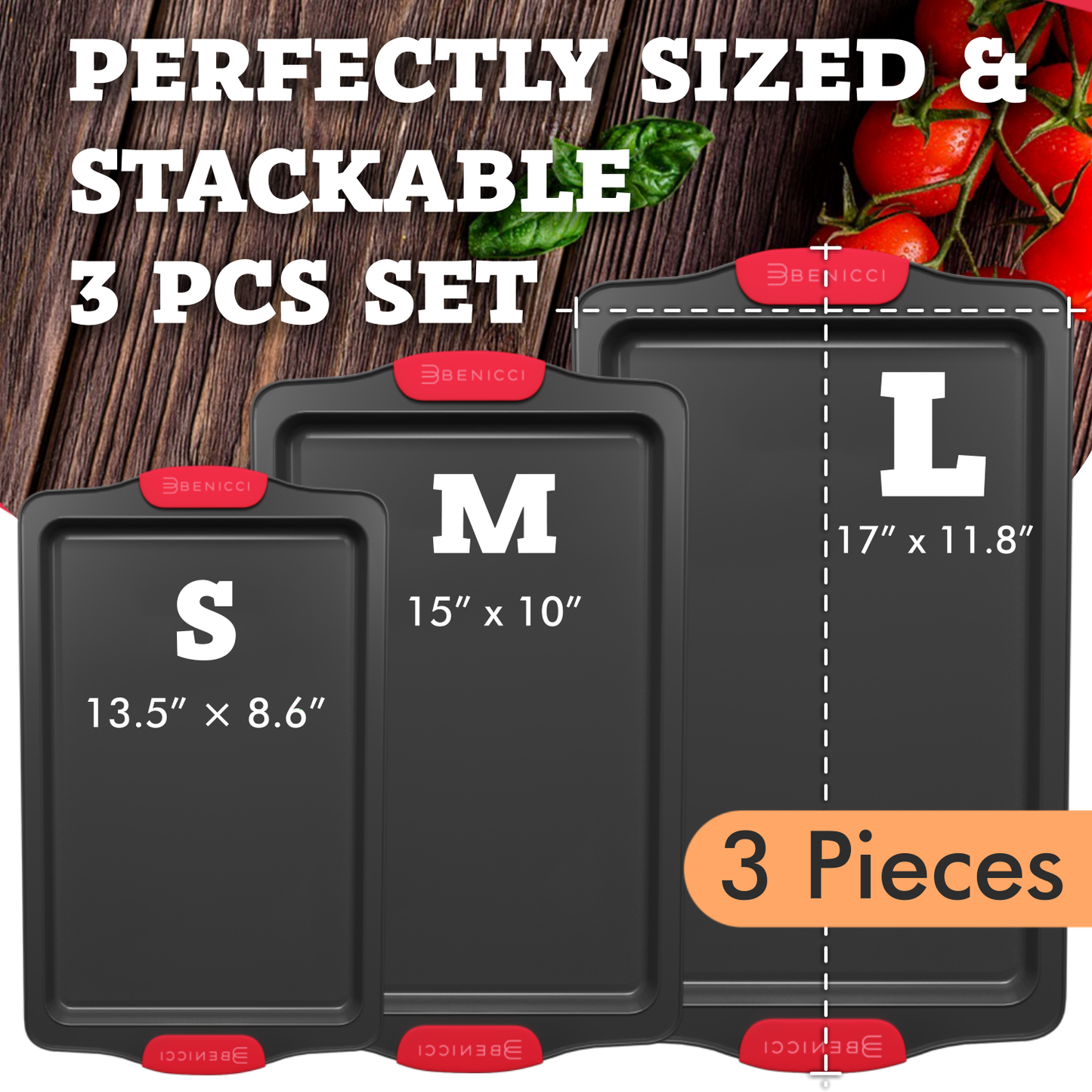 Premium Non-Stick Baking Sheets Set of 3 - Deluxe PBA Free, Easy to Clean Racks w/ Silicone Handles - Bakeware Pans for Cooking Baking Roasting