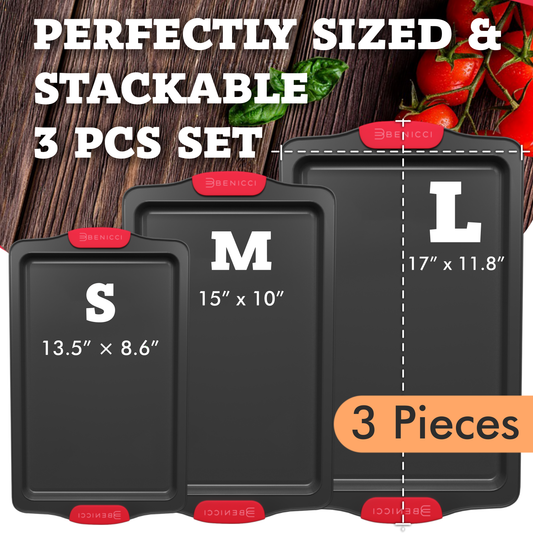 Premium Non-Stick Baking Sheets Set of 3 - Deluxe PBA Free, Easy to Clean Racks w/ Silicone Handles - Bakeware Pans for Cooking Baking Roasting