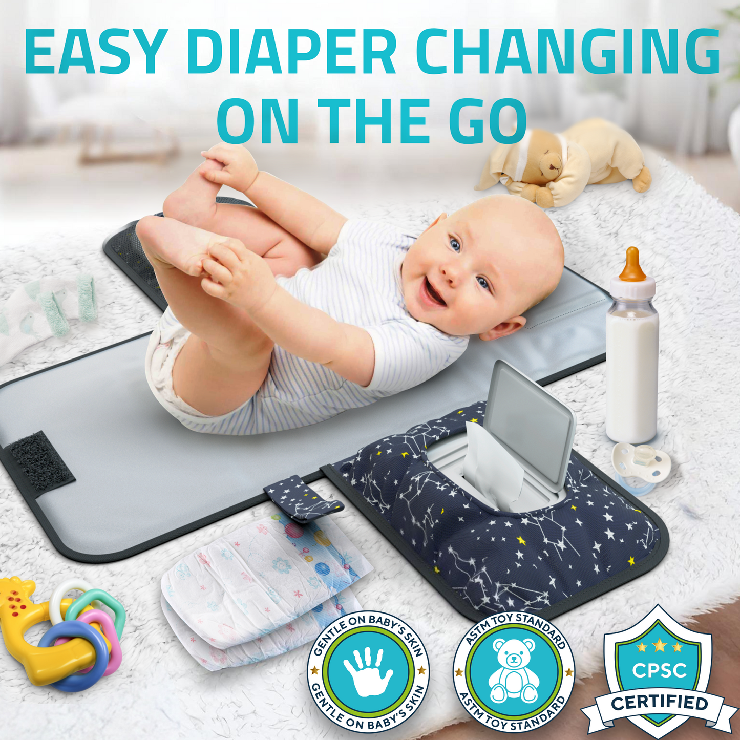 Portable Baby Diaper Changing Pad - w/ Soft Built-in Pillow & Strap for Strollers - Comfortable, Lightweight & Waterproof - Made with Premium Materials - Great for Newborn Girls & Boys & for Travel