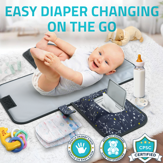 Portable Baby Diaper Changing Pad - w/ Soft Built-in Pillow & Strap for Strollers - Comfortable, Lightweight & Waterproof - Made with Premium Materials - Great for Newborn Girls & Boys & for Travel