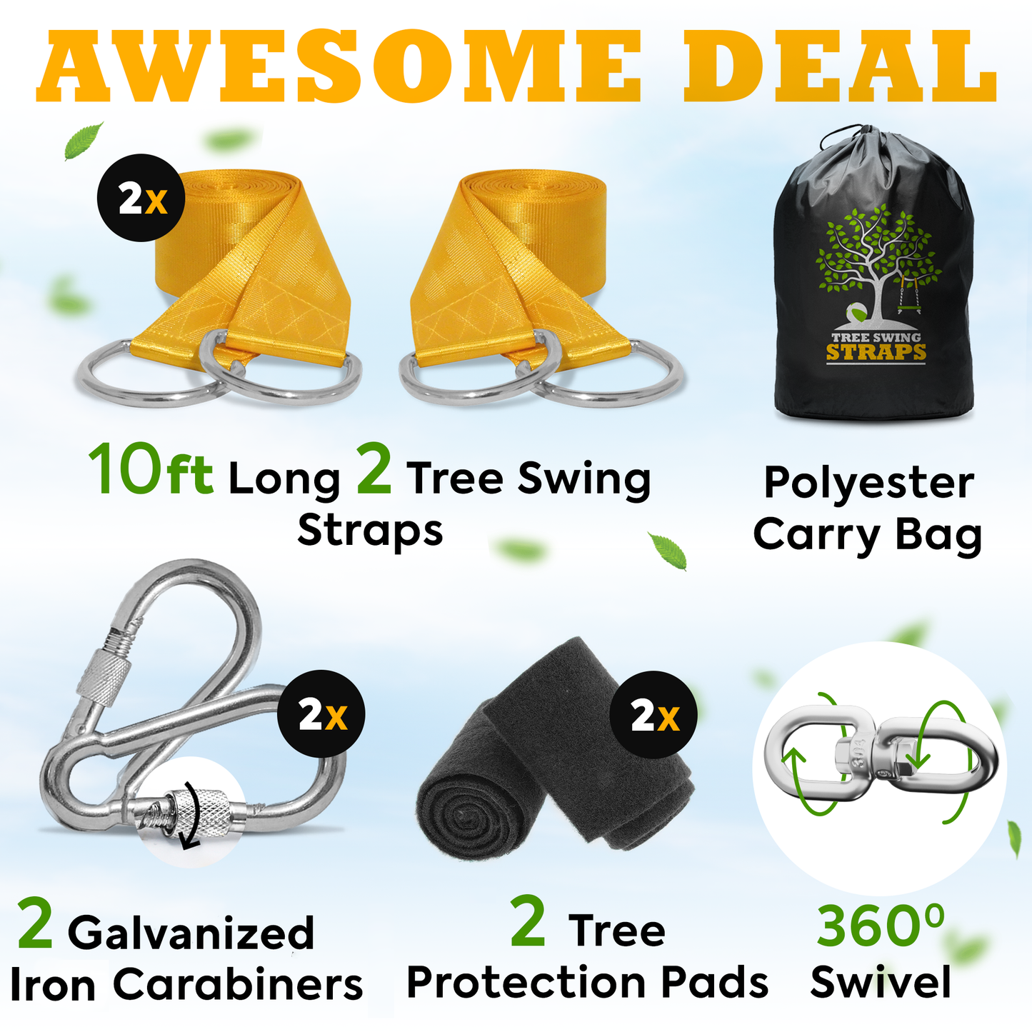 Safe Tree Swing Hanging Kit (Set of 2) - 10ft Long Straps with Two Alloy Carabiners and 2000 Lb Breaking Strength - Easy & Fast Installation for All Types of Swings and Children
