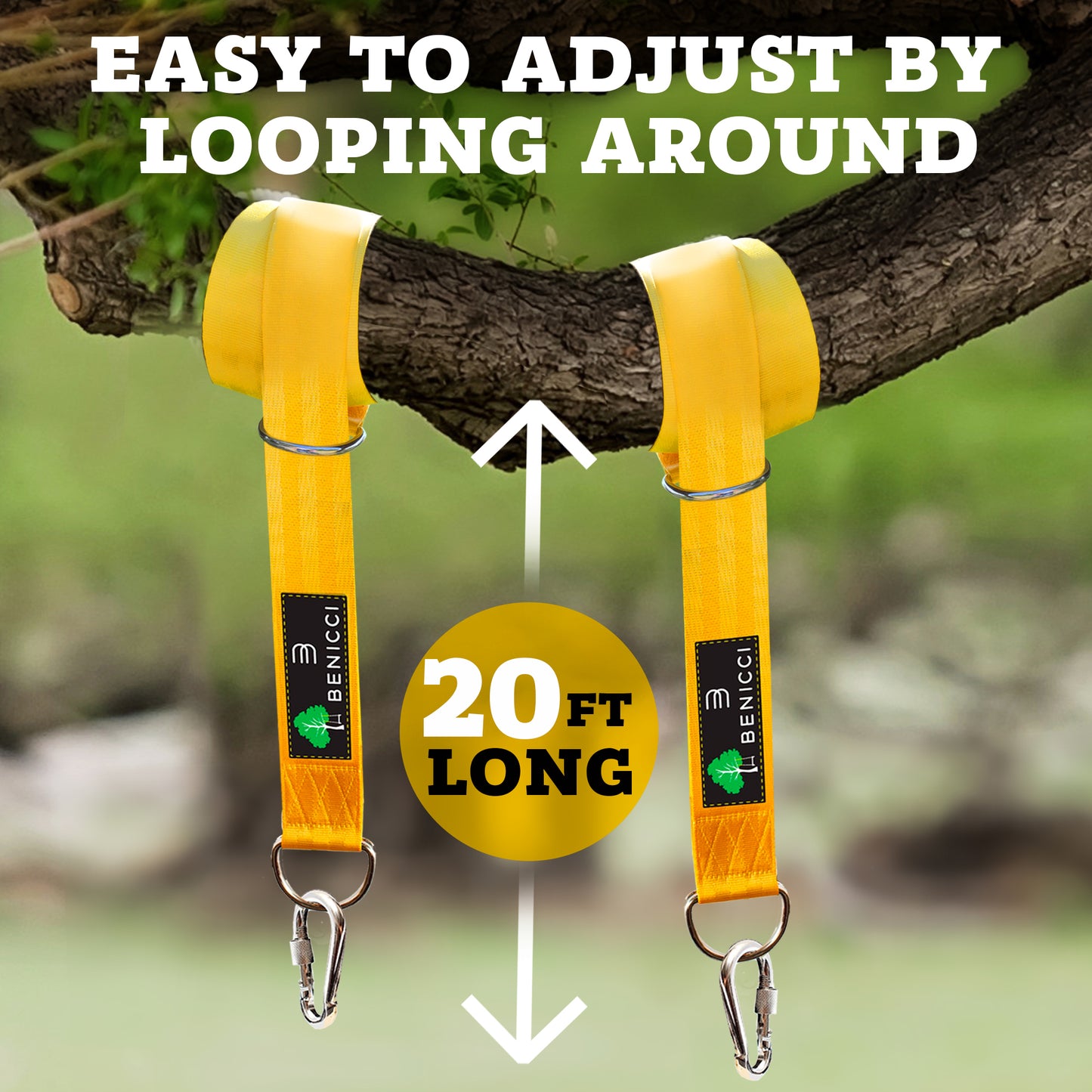 Safe Tree Swing Hanging Kit (Set of 2) - 20ft Long Straps with Two Alloy Carabiners and 2000 Lb Breaking Strength - Easy & Fast Installation for All Types of Swings and Children