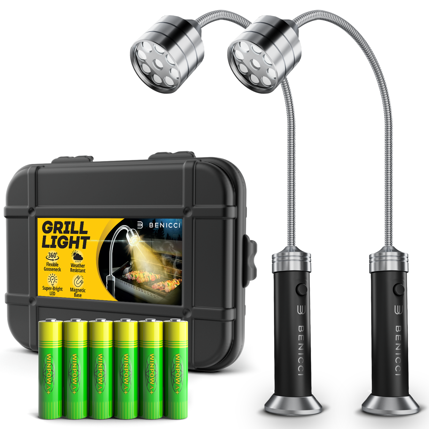 Flexible LED BBQ Grill Lights Set of 2 - The Perfect Grilling Accessories Light with 360-Degree Magnetic Base and Gooseneck - 100% Portable Weatherproof Outdoor Lamp w/ 6 Batteries Included