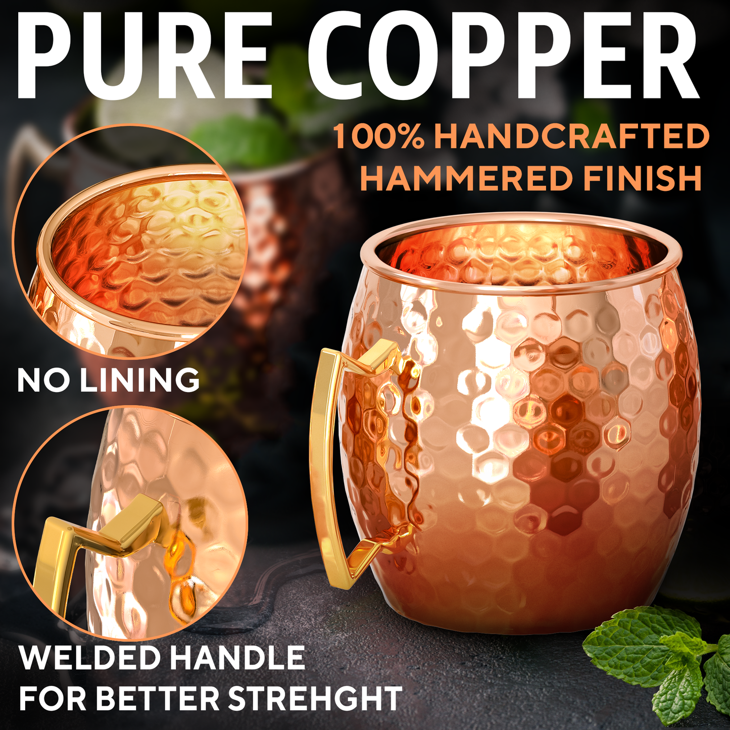 Moscow Mule Copper Mugs - Set of 4 - 100% HANDCRAFTED - Food Safe Pure Solid Copper Mugs - 16 oz Gift Set with BONUS: Highest Quality Cocktail Copper