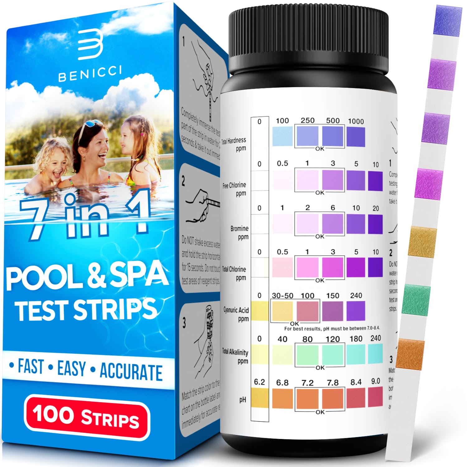 7-in-1 Accurate Pool Test Strips - 100 Hot Tub Spa Test Strips