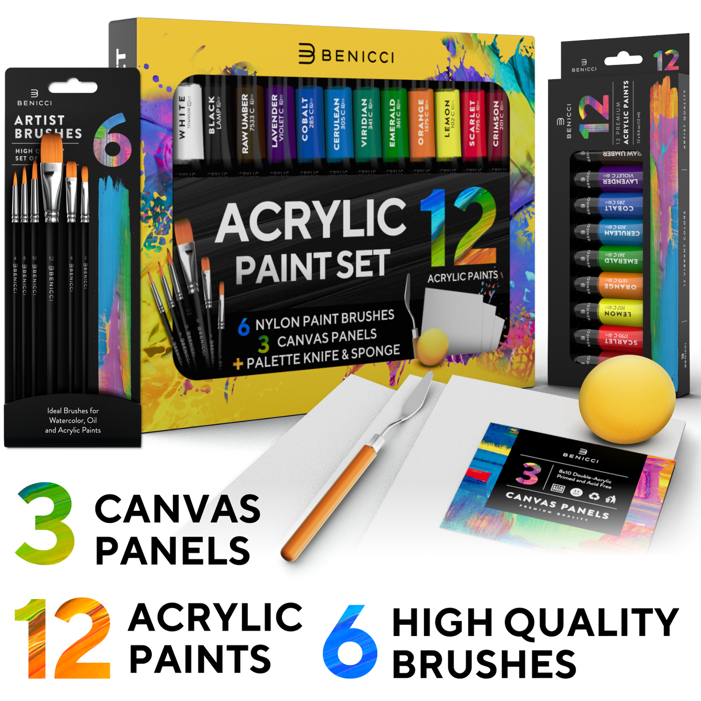 Complete Acrylic Paint Set – 12х Rich Pigment Colors & 6x Art Brushes - Includes 3 Paint Canvases, Palette Knife & Sponge - Perfect for Canvas, Clay, Ceramic - Non-Toxic, Great for Kids & Adults