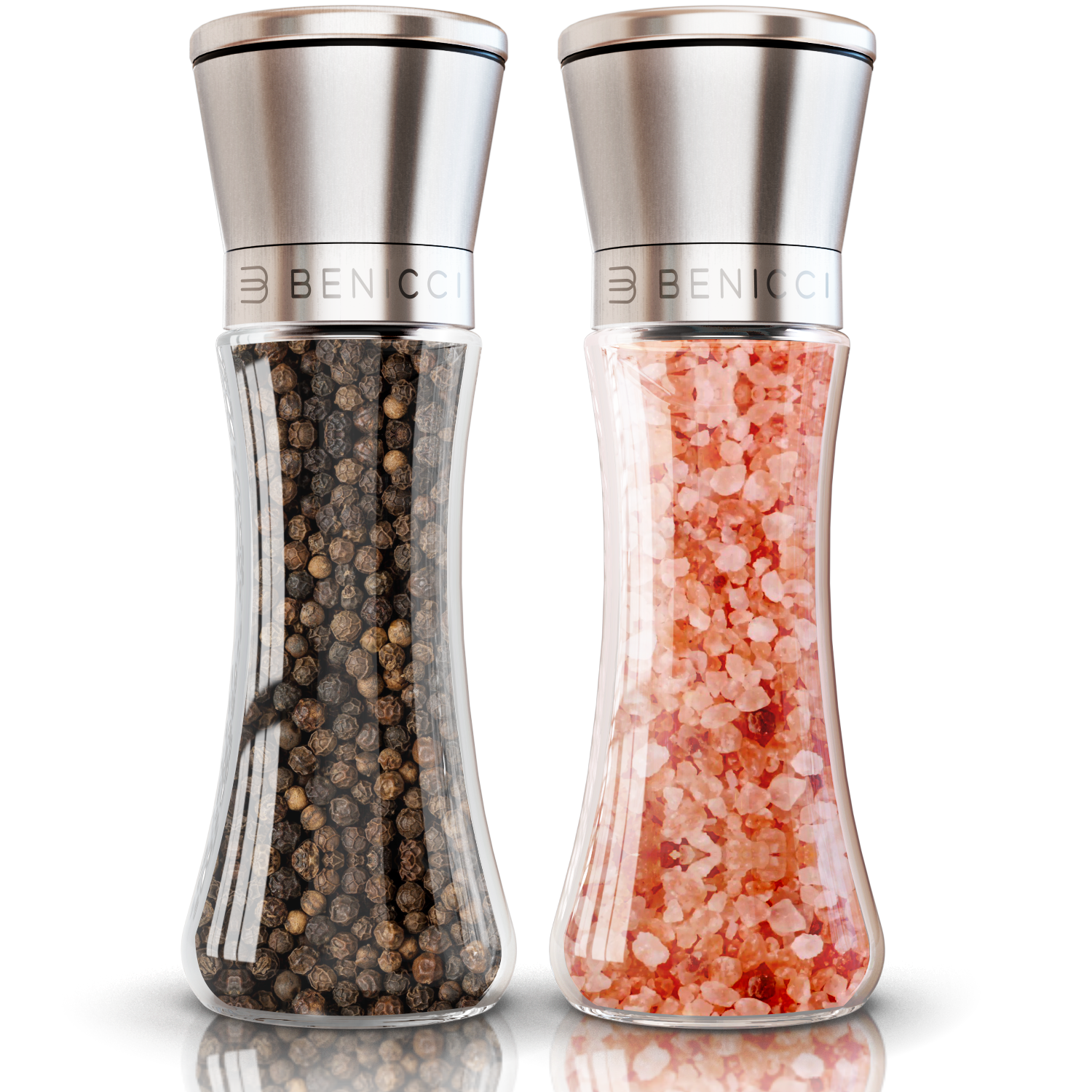 Beautiful Stainless Steel Salt & Pepper Grinders Refillable Set - Two 7 oz  Salt / Spice Shakers with Adjustable Coarse Mills - Easy Clean Ceramic