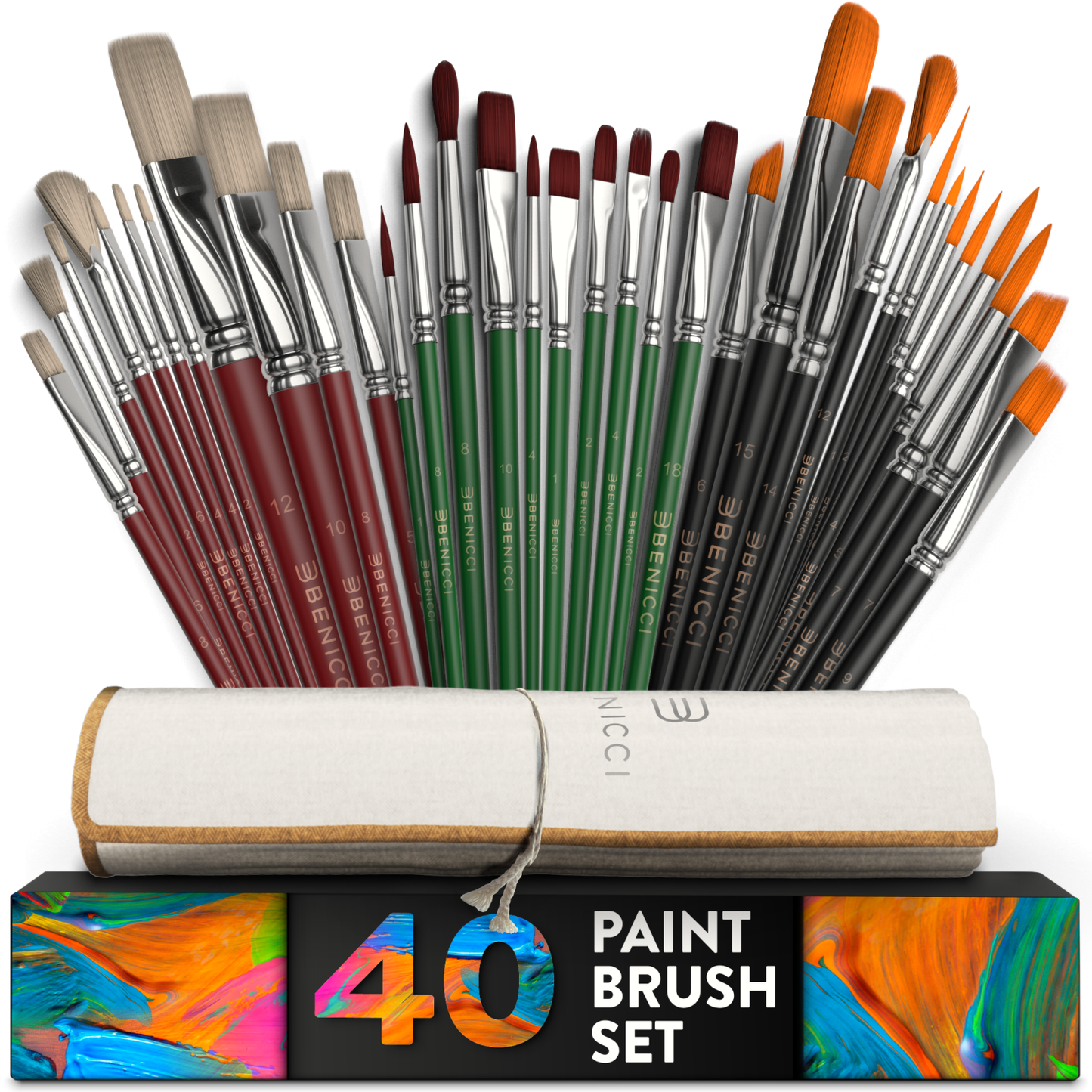 40 Pieces Professional Artist Paint Brush Set with Storage Case - Includes Round and Flat Art Brushes with Hog, Pony, Nylon Hair Bristles - Perfect for Acrylics, Watercolor, Gouache, Oil and Fabric