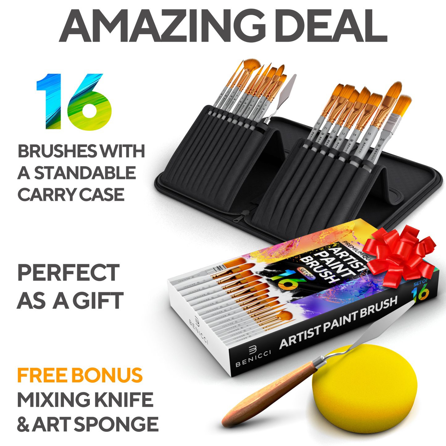 16 Pieces Premium Artist Paint Brush Set - Includes Palette Knife, Sponge, Organizing Case - Painting Brushes for Kids, Adults & Professionals - Perfect for Your Watercolor, Oil, Acrylic Painting Art