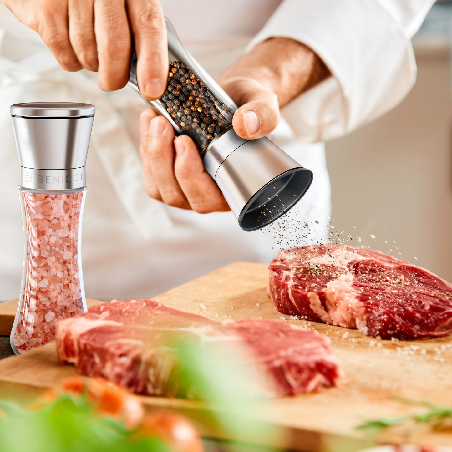 Premium Salt and Pepper Grinder Set of 2 - Two Refillable, Stainless Steel Sea & Spice Shakers with Adjustable Coarse Mills Easy Clean Ceramic Grinders w/BONUS Silicone Funnel Cleaning Brush