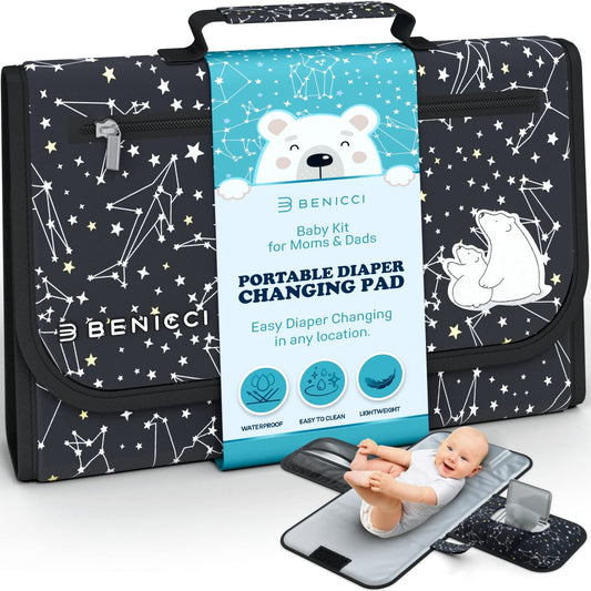 Portable Baby Diaper Changing Pad - w/ Soft Built-in Pillow & Strap for Strollers - Comfortable, Lightweight & Waterproof - Made with Premium Materials - Great for Newborn Girls & Boys & for Travel