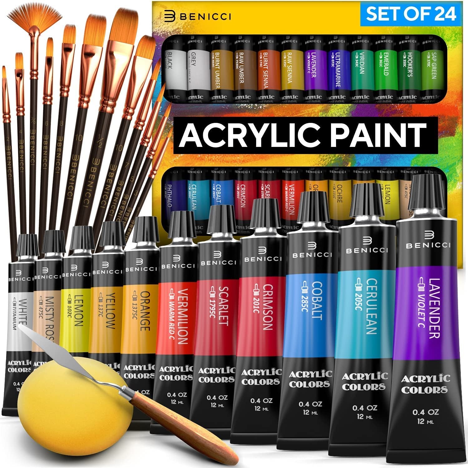 Complete Acrylic Paint Set – 24х Rich Pigment Colors – 12x Art Brushes –  Benicci