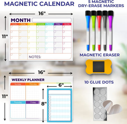 Beautiful Dry Erase Calendar Set of 3 - Magnetic Calendar for Refrigerator w/ Monthly, Weekly Planner & Daily Notepad - Whiteboard Fridge Planning Board - w/ Bonus 5 Premium Markers and Eraser