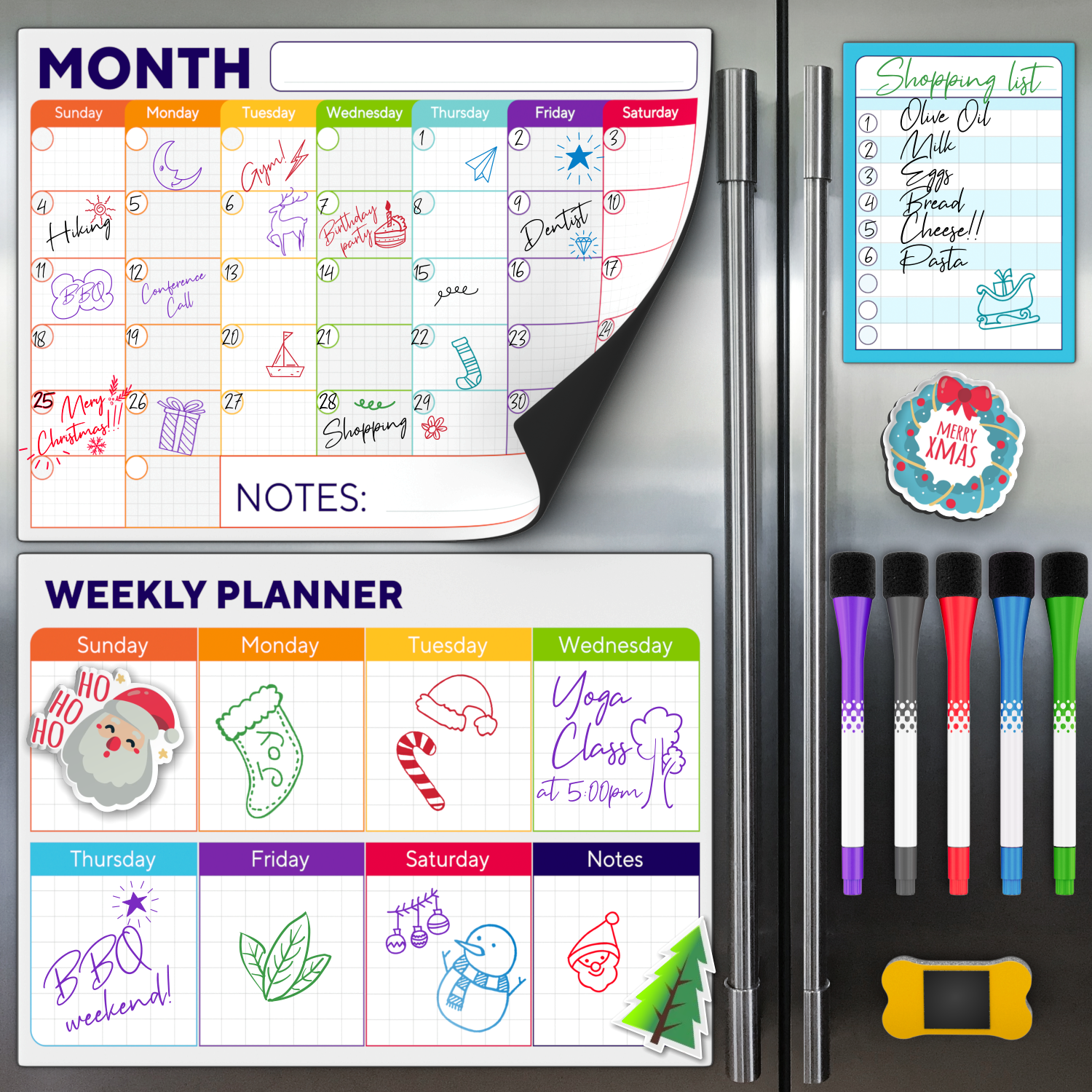 Magnetic Dry Erase Whiteboard Calendar for Fridge Set of 3 - Includes: Monthly, Weekly & Daily Calendar Whiteboard, Grocery List, 5 Markers & Eraser