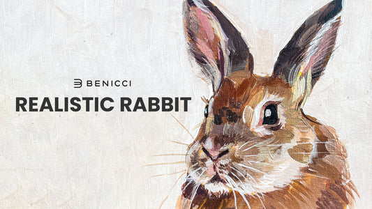 Cover of the blogpost with acrylic rabbit painting on white canvas background and title "Realistic rabbit".