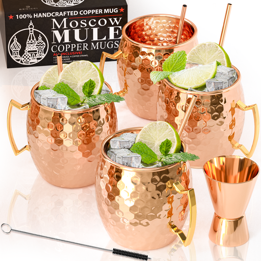 Moscow Mule Copper Mugs - Set of 4 - 100% HANDCRAFTED - Food Safe Pure Solid Copper Mugs - 16 oz Gift Set with BONUS: Highest Quality Cocktail Copper