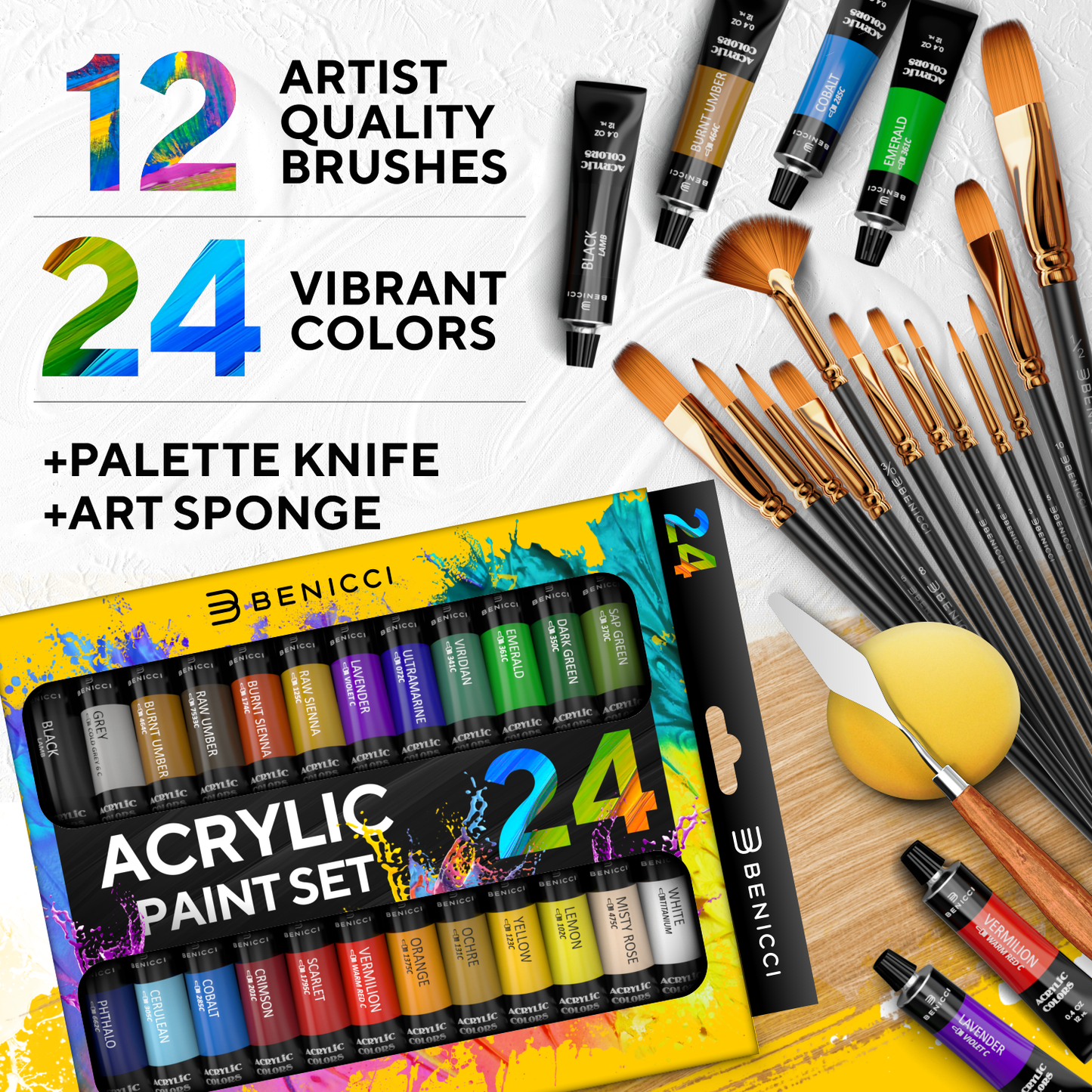 Complete Acrylic Paint Set – 24х Rich Pigment Colors – 12x Art Brushes with Bonus Paint Art Knife & Sponge – for Painting Canvas, Clay, Ceramic & Crafts, Non-Toxic & Quick Dry – for Kids & Adults