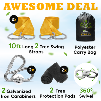Safe Tree Swing Hanging Kit (Set of 2) - 10ft Long Straps with Two Alloy Carabiners and 2000 Lb Breaking Strength - Easy & Fast Installation for All Types of Swings and Children