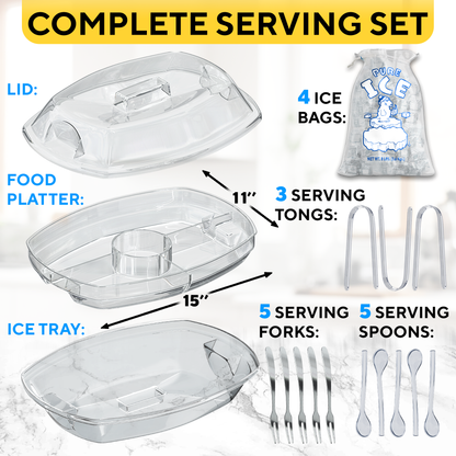 Chilled Serving Tray with Ice - Premium Cold Platter for Parties w/ 4 Compartments - Functional Design w/Lid & Dip Holder - Perfect for Fruits, Veggies, Shrimp Cocktail - Keeps Food Cool & Fresh