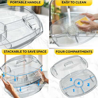 Chilled Serving Tray with Ice - Premium Cold Platter for Parties w/ 4 Compartments - Functional Design w/Lid & Dip Holder - Perfect for Fruits, Veggies, Shrimp Cocktail - Keeps Food Cool & Fresh