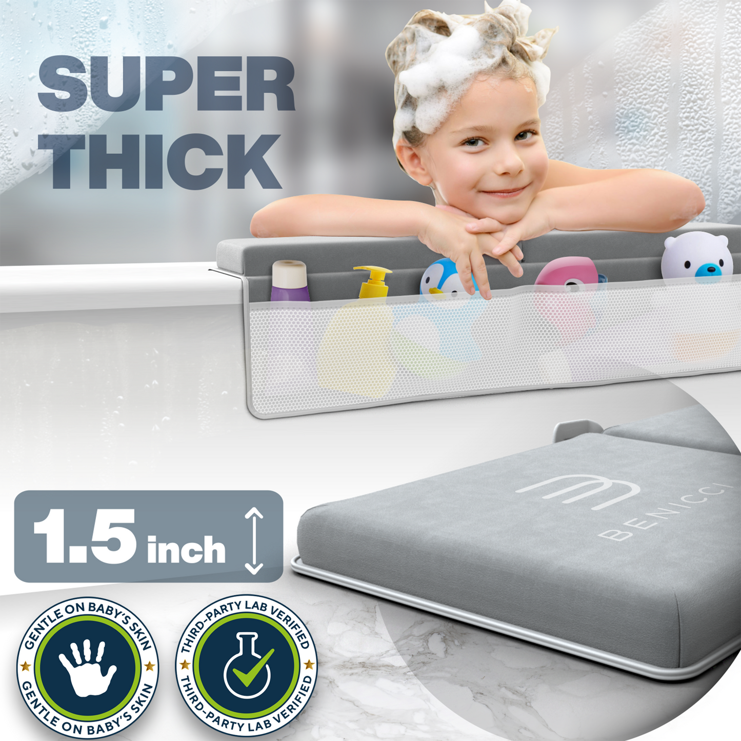 Comfortable Bath Kneeler and Elbow Kneeling Rest Pad for Baby Bathing Parents - Painless Foam Mat with Toy Organizer Pockets - Quick Drying, Foldable