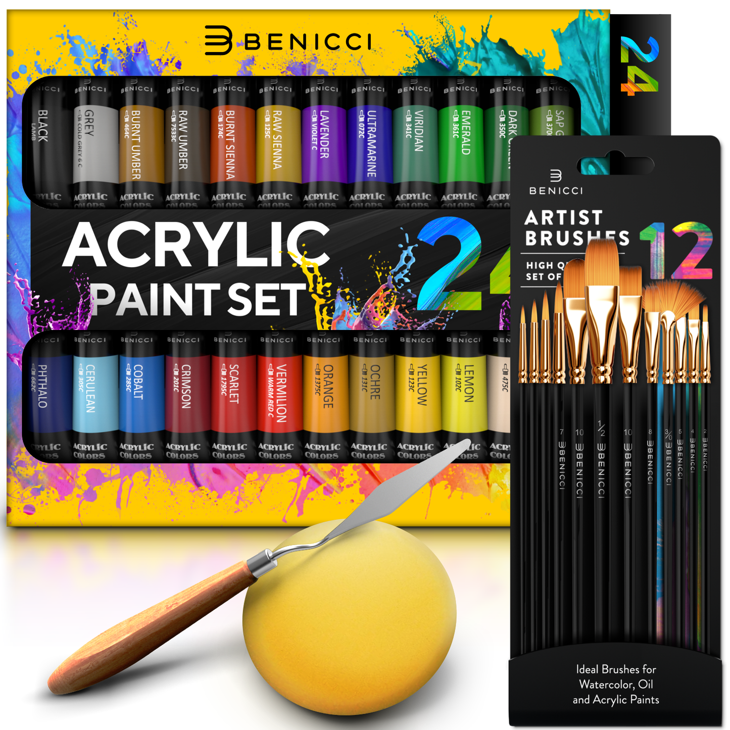 Complete Acrylic Paint Set – 24х Rich Pigment Colors – 12x Art Brushes with Bonus Paint Art Knife & Sponge – for Painting Canvas, Clay, Ceramic & Crafts, Non-Toxic & Quick Dry – for Kids & Adults