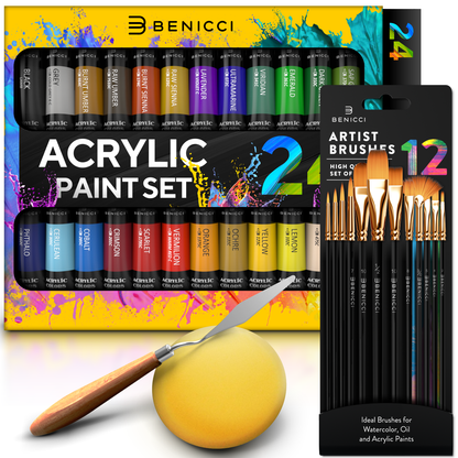 Complete Acrylic Paint Set – 24х Rich Pigment Colors – 12x Art Brushes with Bonus Paint Art Knife & Sponge – for Painting Canvas, Clay, Ceramic & Crafts, Non-Toxic & Quick Dry – for Kids & Adults