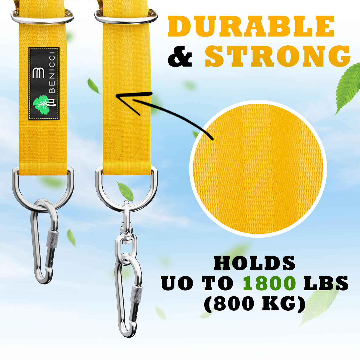 Safe Tree Swing Hanging Kit (Set of 2) - 10ft Long Straps with Two Alloy Carabiners and 2000 Lb Breaking Strength - Easy & Fast Installation for All Types of Swings and Children