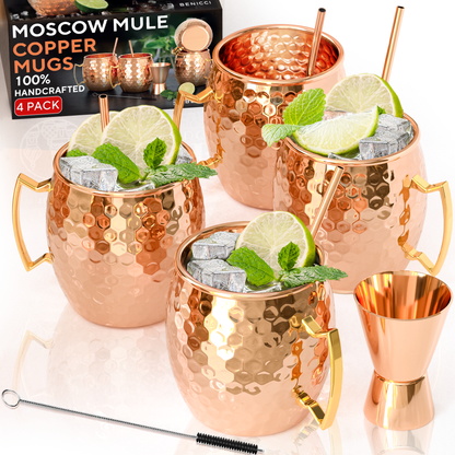 Moscow Mule Copper Mugs - Set of 4 - 100% HANDCRAFTED - Food Safe Pure Solid Copper Mugs - 16 oz Gift Set with BONUS: Highest Quality Cocktail Copper