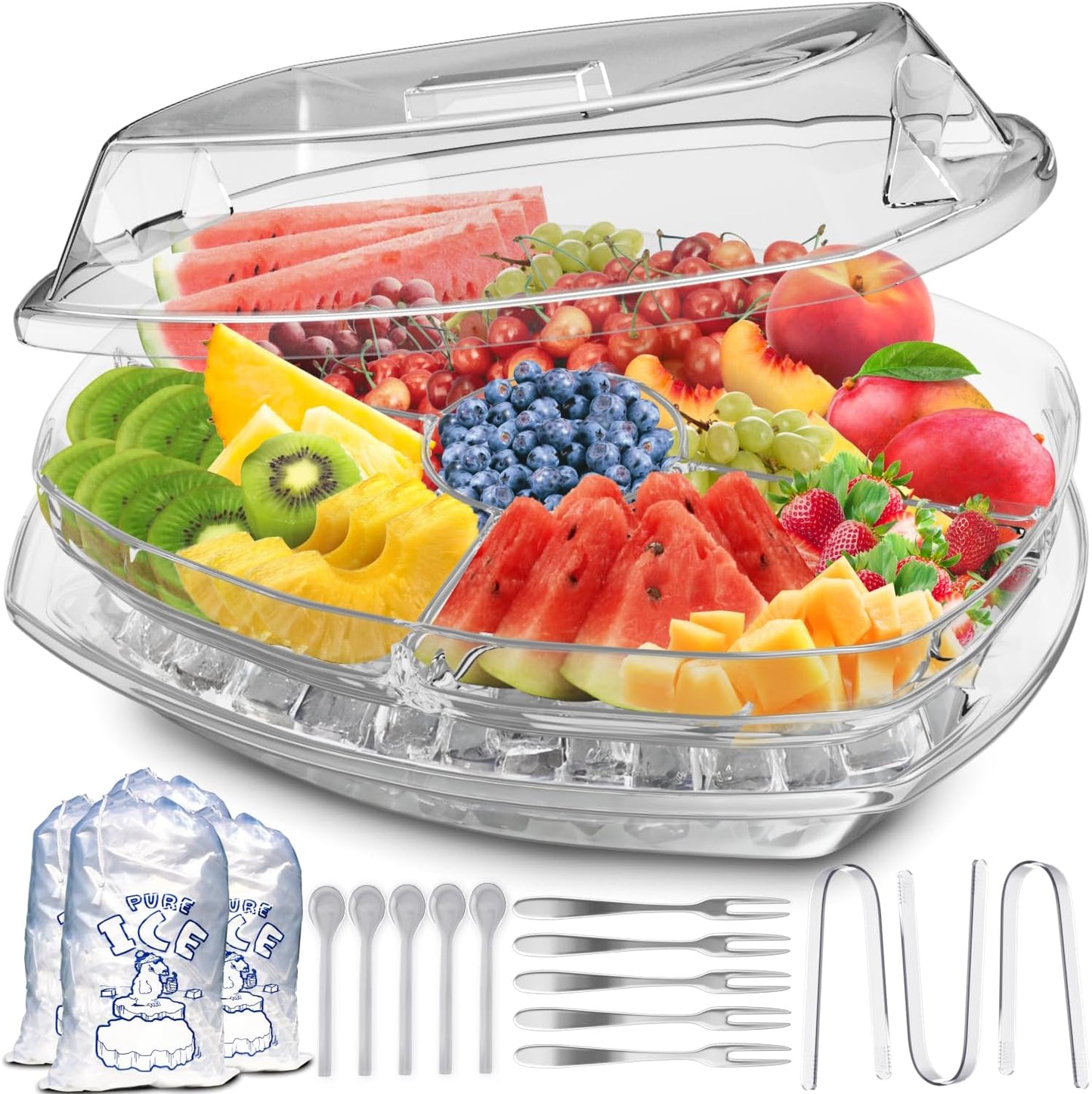 Chilled Serving Tray with Ice - Premium Cold Platter for Parties w/ 4 Compartments - Functional Design w/Lid & Dip Holder - Perfect for Fruits, Veggies, Shrimp Cocktail - Keeps Food Cool & Fresh