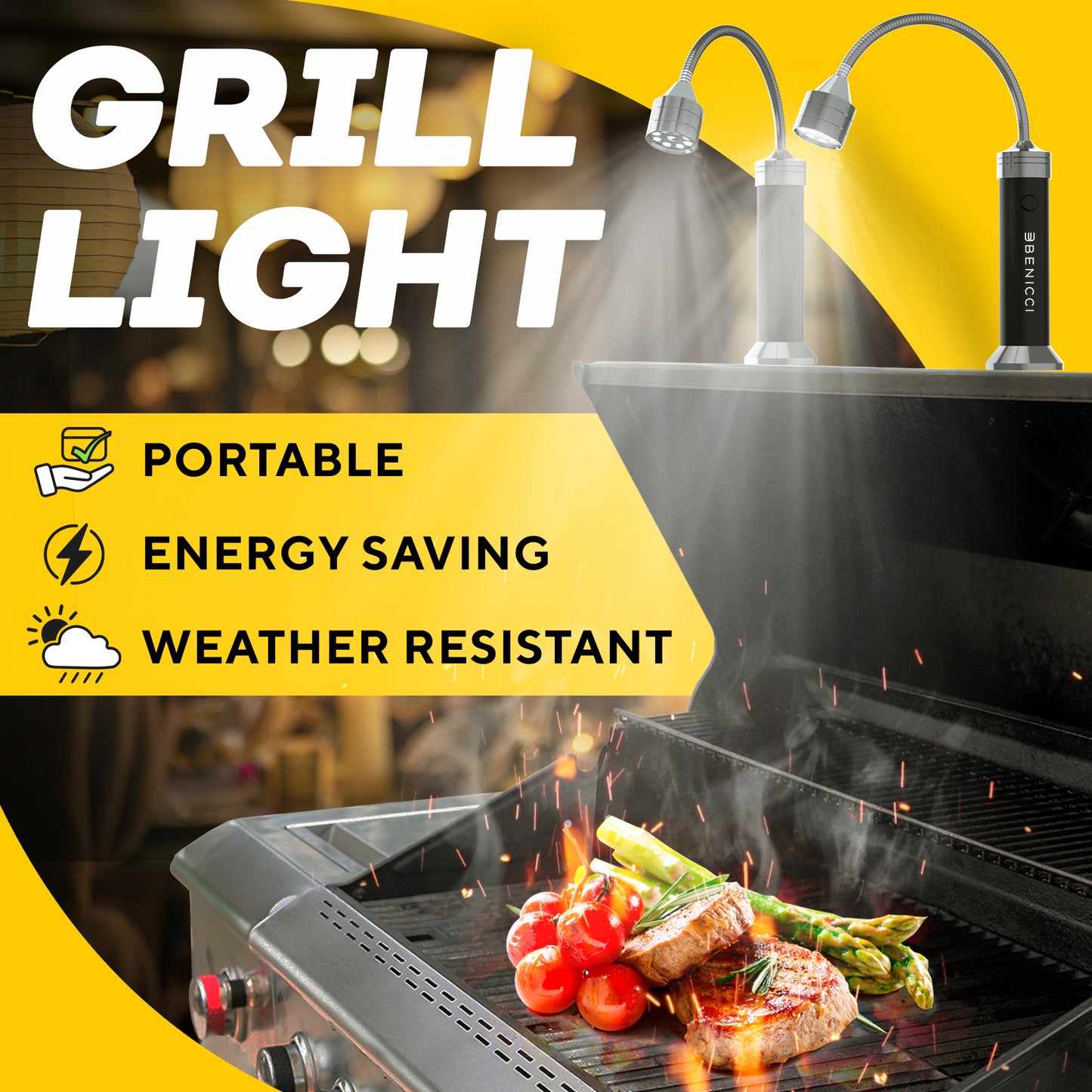 Flexible LED BBQ Grill Lights Set of 2 - The Perfect Grilling Accessories Light with 360-Degree Magnetic Base and Gooseneck - 100% Portable Weatherproof Outdoor Lamp w/ 6 Batteries Included
