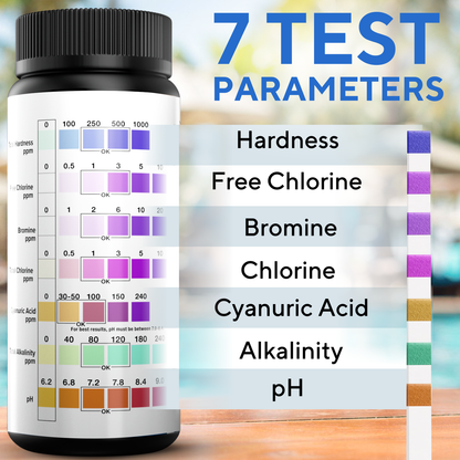 7-in-1 Accurate Pool Test Strips - 150 Hot Tub Spa Test Strips - Quick Pool Water Testing Kit - Bromine, pH, Hardness, Alkalinity, Chlorine & Cyanuric Acid - Perfect for Any Pools, Spa, Hot tubs