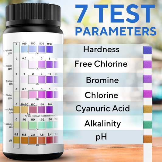 7-in-1 Accurate Pool Test Strips - 150 Hot Tub Spa Test Strips - Quick Pool Water Testing Kit - Bromine, pH, Hardness, Alkalinity, Chlorine & Cyanuric Acid - Perfect for Any Pools, Spa, Hot tubs