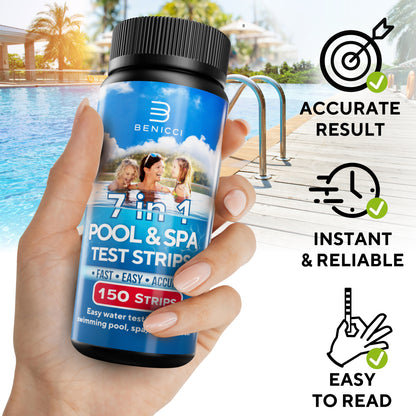 7-in-1 Accurate Pool Test Strips - 150 Hot Tub Spa Test Strips - Quick Pool Water Testing Kit - Bromine, pH, Hardness, Alkalinity, Chlorine & Cyanuric Acid - Perfect for Any Pools, Spa, Hot tubs