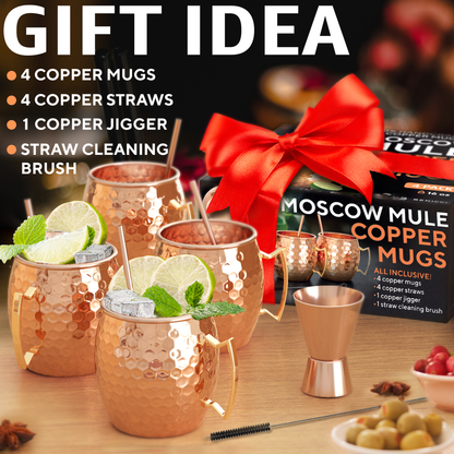 Moscow Mule Copper Mugs - Set of 4 - 100% HANDCRAFTED - Food Safe Pure Solid Copper Mugs - 16 oz Gift Set with BONUS: Highest Quality Cocktail Copper