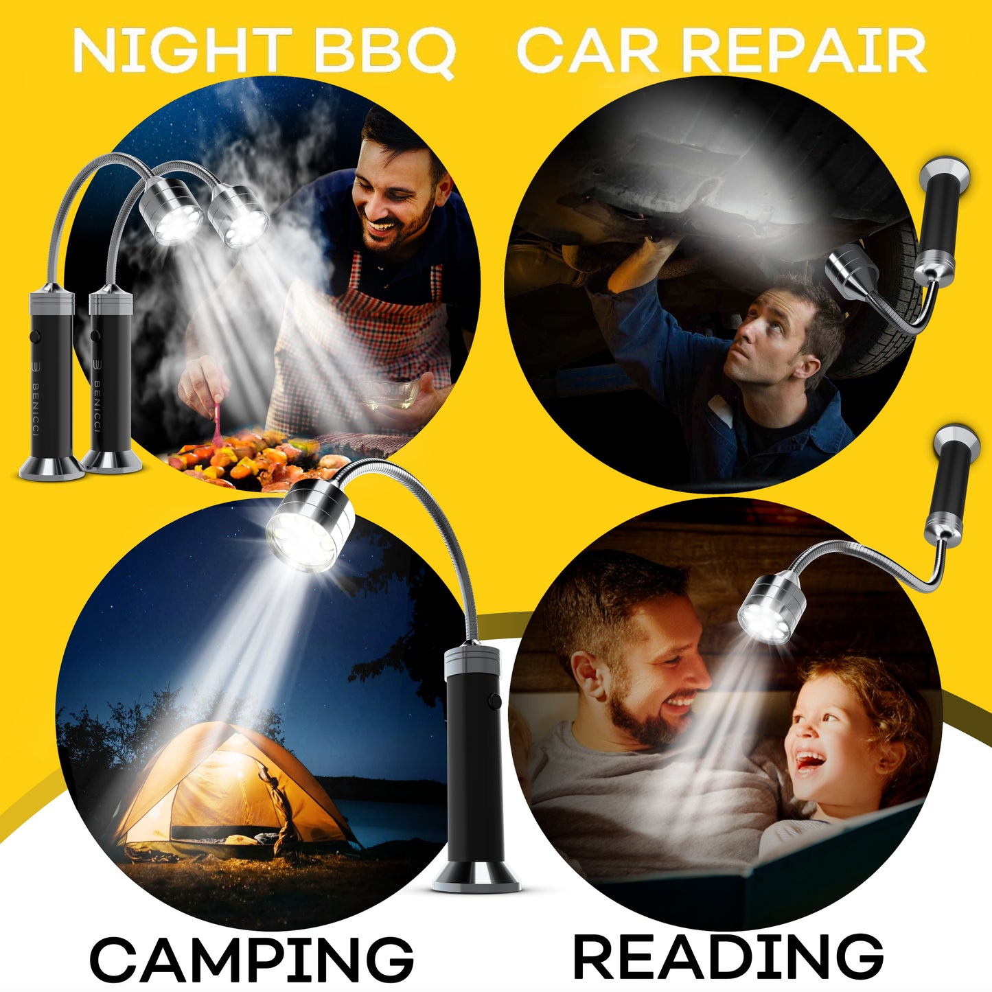 Flexible LED BBQ Grill Lights Set of 2 - The Perfect Grilling Accessories Light with 360-Degree Magnetic Base and Gooseneck - 100% Portable Weatherproof Outdoor Lamp w/ 6 Batteries Included