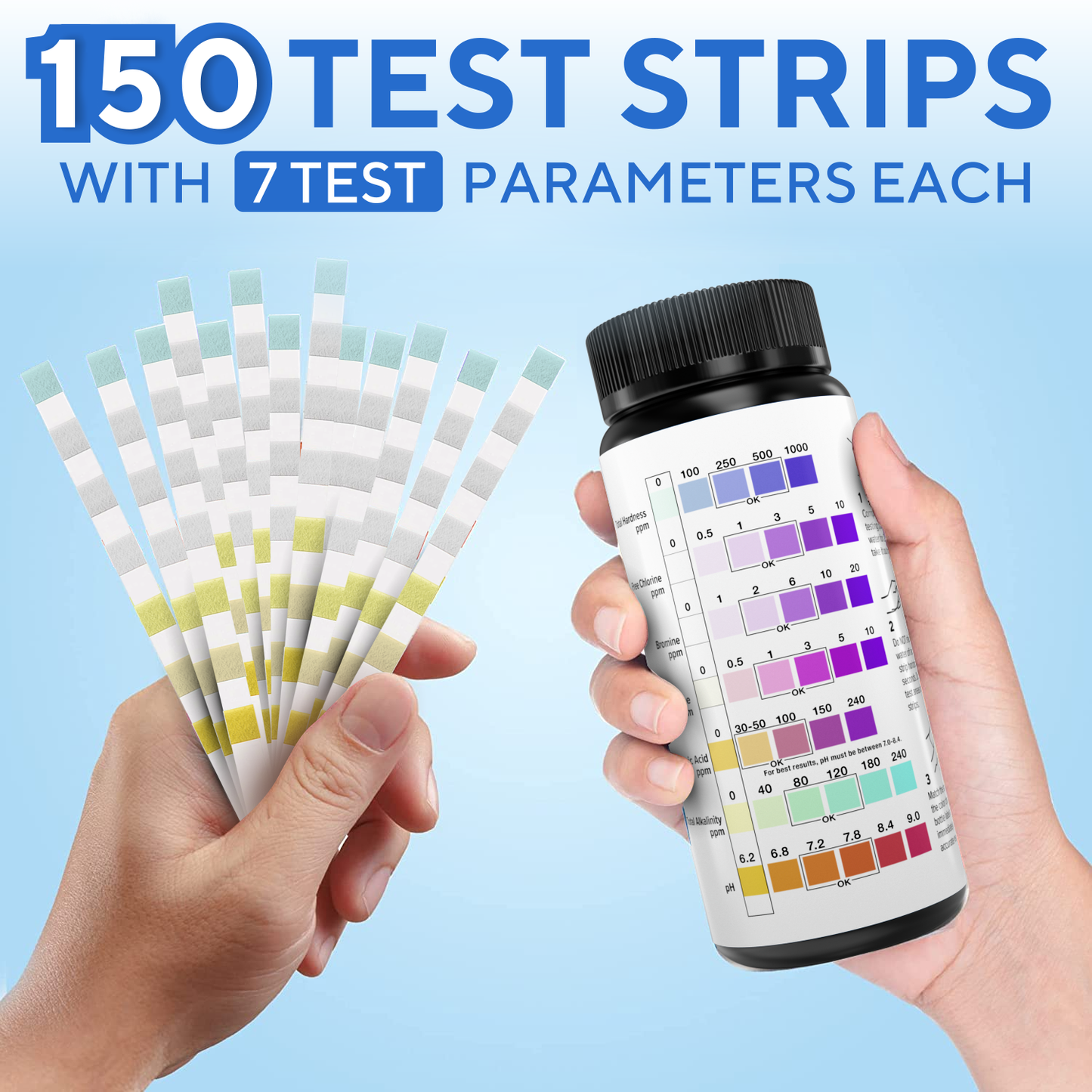 7-in-1 Accurate Pool Test Strips - 150 Hot Tub Spa Test Strips - Quick Pool Water Testing Kit - Bromine, pH, Hardness, Alkalinity, Chlorine & Cyanuric Acid - Perfect for Any Pools, Spa, Hot tubs