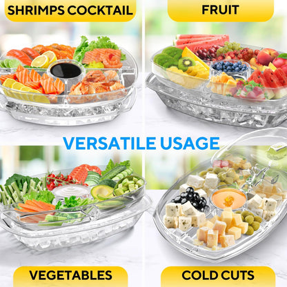 Chilled Serving Tray with Ice - Premium Cold Platter for Parties w/ 4 Compartments - Functional Design w/Lid & Dip Holder - Perfect for Fruits, Veggies, Shrimp Cocktail - Keeps Food Cool & Fresh