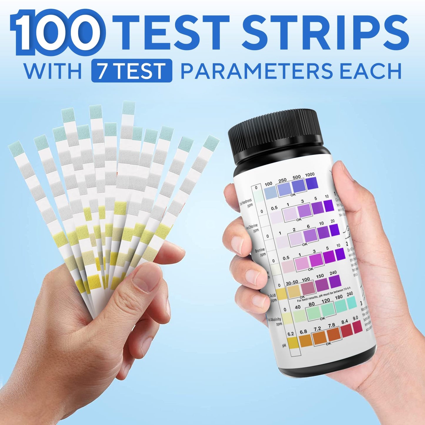 7 in 1 Pool and Spa Test Strips Kit 100 Accurate Test Strips for Spa, Swimming Pool and Hot Tubs - Fantastic for Homes or Commercial Use -  PH Water