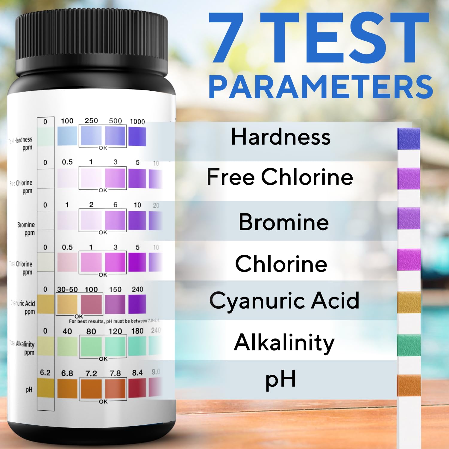 7-in-1 Accurate Pool Test Strips - 100 Hot Tub Spa Test Strips