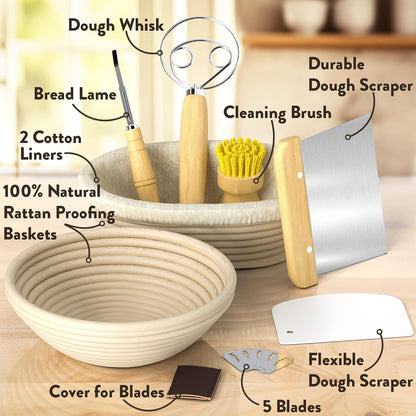 Complete Bread Proofing Baskets Set - Premium Quality Kit for Sourdough Bread Making - Includes 9" & 10" Banneton Basket w/All Needed Bread Baking Supplies - Perfect Tools for Baking Enthusiasts