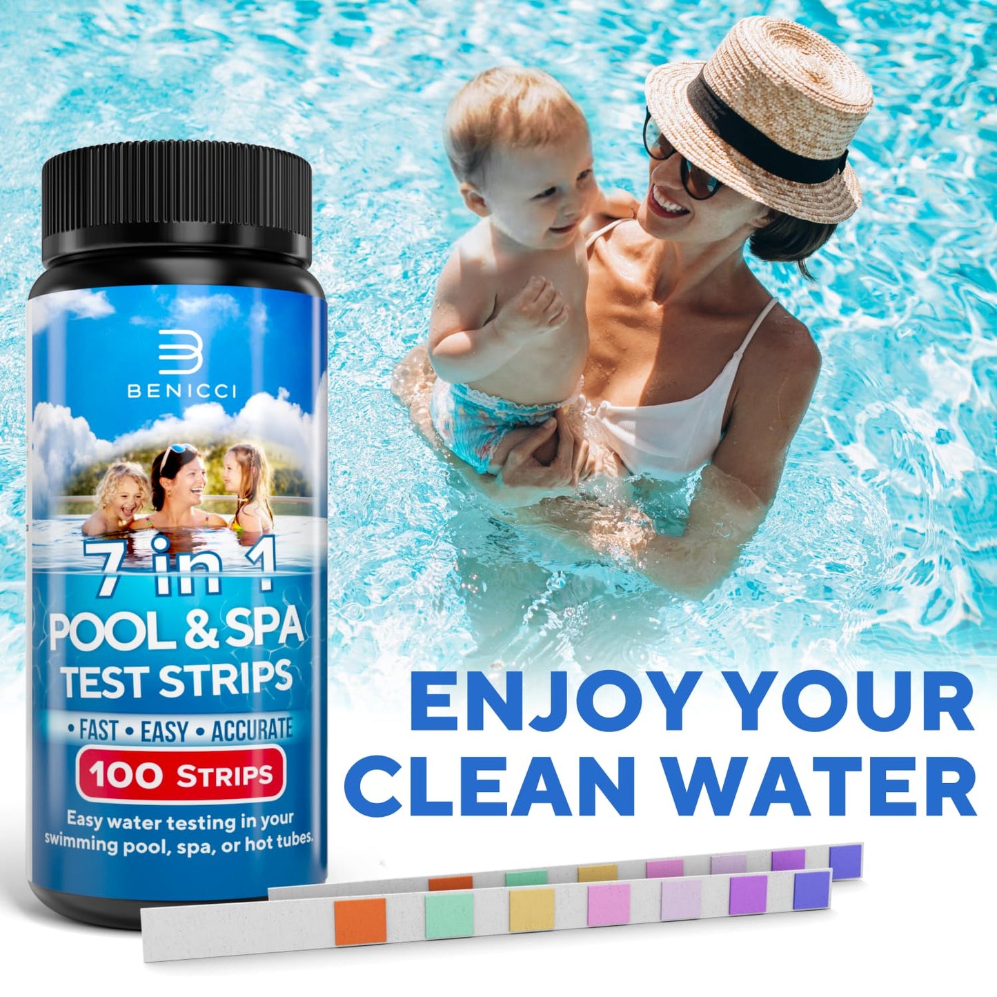 7 in 1 Pool and Spa Test Strips Kit 100 Accurate Test Strips for Spa, Swimming Pool and Hot Tubs - Fantastic for Homes or Commercial Use -  PH Water