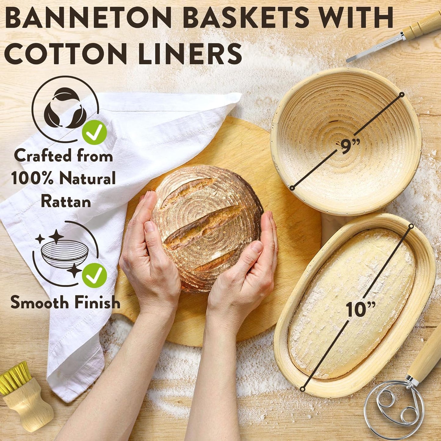 Complete Bread Proofing Baskets Set - Premium Quality Kit for Sourdough Bread Making - Includes 9" & 10" Banneton Basket w/All Needed Bread Baking Supplies - Perfect Tools for Baking Enthusiasts