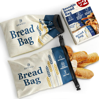 Reusable Bread Bags 2 Pack - Perfect For Storage of Homemade Sourdough Loaf Bread - Extra Large & Food Grade Bags - Special Double-Lock for Longer Freshness - Freezer Safe Bags for Bread Lovers