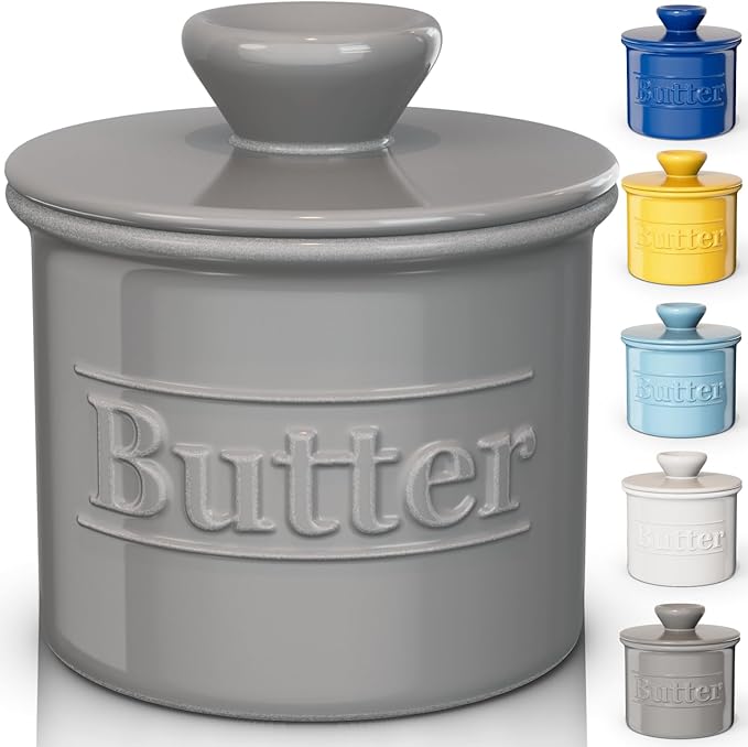 Beautiful Butter Crock for Counter with Water Line - Butter Keeper with Lid - Original French Butter Dish for Spreadable Butter - 100% Premium Ceramic - Keeps Butter Fresh and Creamy