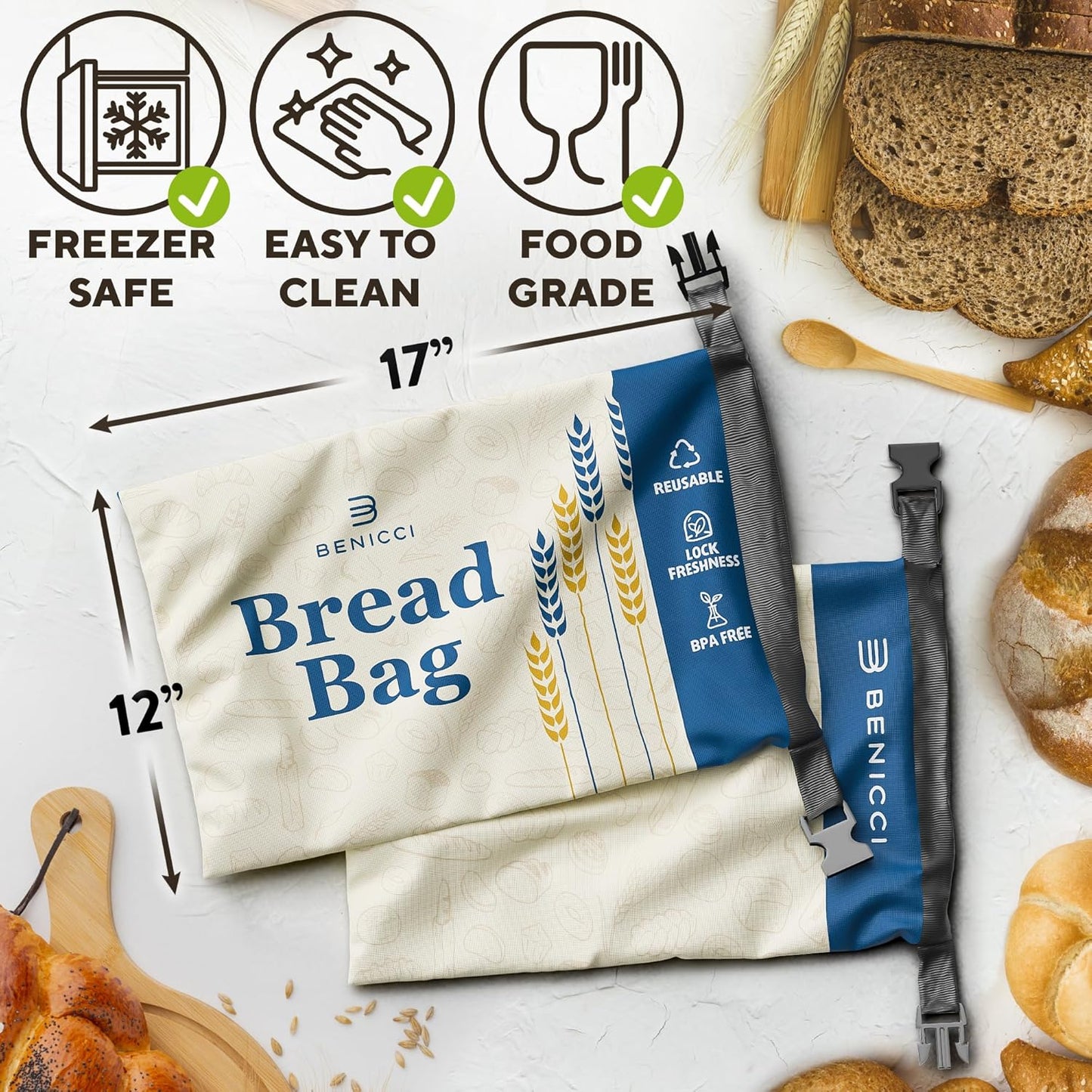 Reusable Bread Bags 2 Pack - Perfect For Storage of Homemade Sourdough Loaf Bread - Extra Large & Food Grade Bags - Special Double-Lock for Longer Freshness - Freezer Safe Bags for Bread Lovers