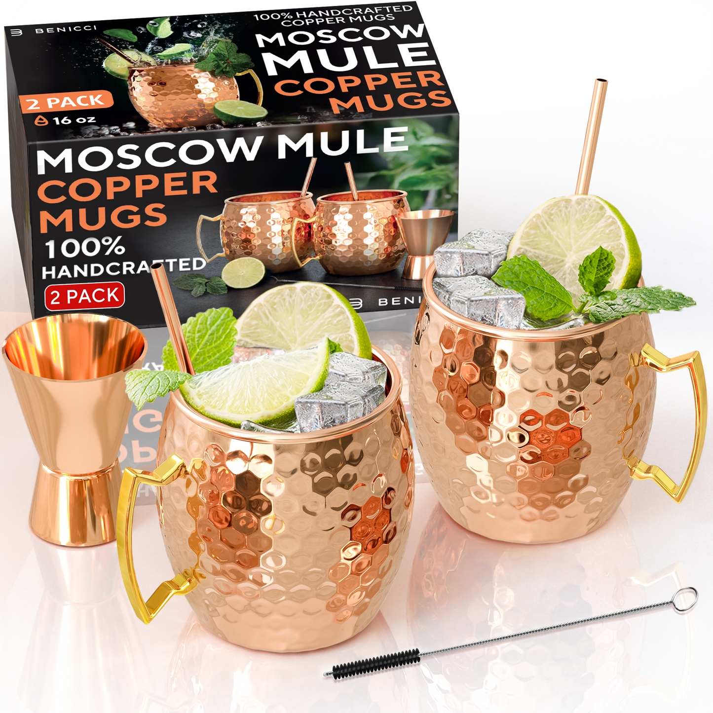 Moscow Mule Copper Mugs - Set of 2 - 100% HANDCRAFTED - Food Safe Pure Solid Copper Mugs - 16 oz Gift Set with BONUS - Highest Quality Cocktail Copper