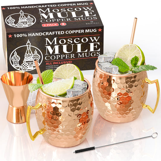 Moscow Mule Copper Mugs - Set of 2 - 100% HANDCRAFTED - Food Safe Pure Solid Copper Mugs - 16 oz Gift Set with BONUS - Highest Quality Cocktail Copper