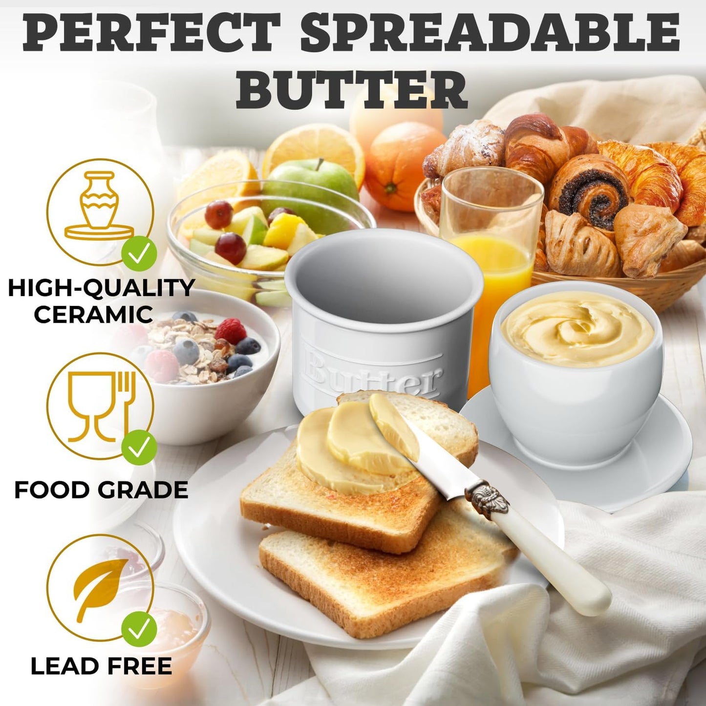 Beautiful Butter Crock for Counter with Water Line - Butter Keeper with Lid - Original French Butter Dish for Spreadable Butter - 100% Premium Ceramic - Keeps Butter Fresh and Creamy