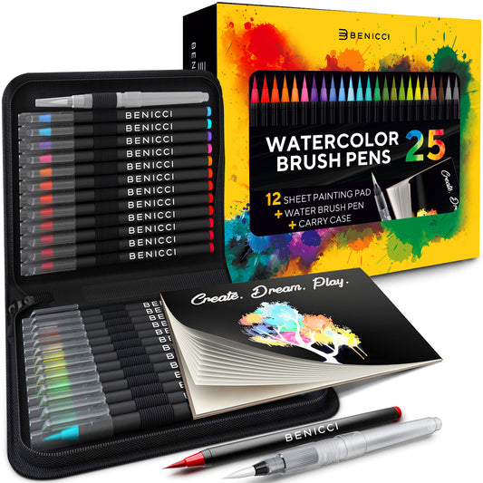 Watercolor Brush Pens Set of 25 Colors - Vibrant Watercolor Markers for Adults & Kids w/ Flexible Nylon Brush Tips - Includes 1 Blending Brush & Carry Case, Great for Watercolor Painting, Calligraphy